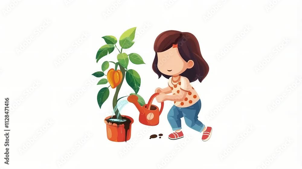 Cartoon Girl Watering a Potted Plant with Care Cartoon Girl Watering a Potted Plant with Care