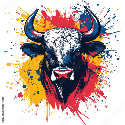 Bull head vector logo design, with colorful paint splash background on transparent background photo