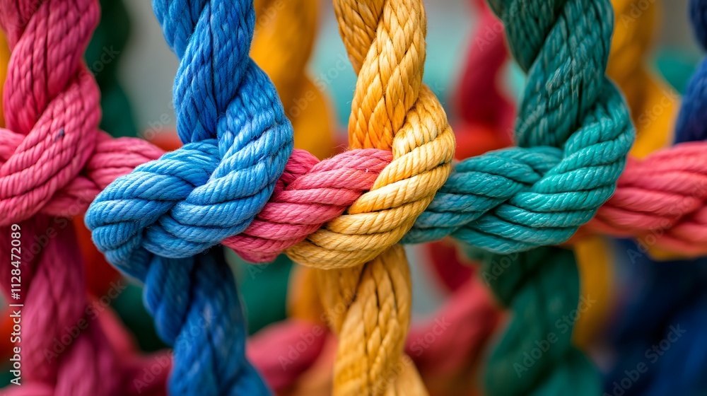 Close-up of colorful ropes and lines interlaced together, symbolizing unity in diversity Close-up of colorful ropes and lines interlaced together, symbolizing unity in diversity