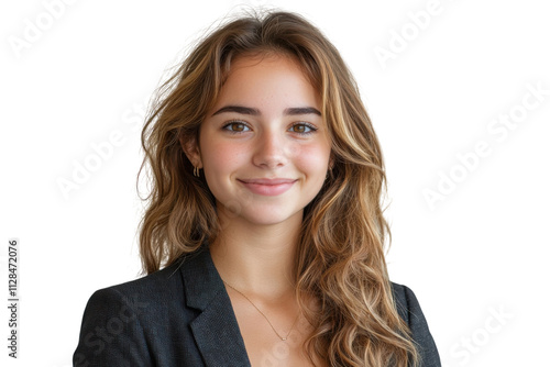 Young woman smiles confidently in professional attire against a neutral background