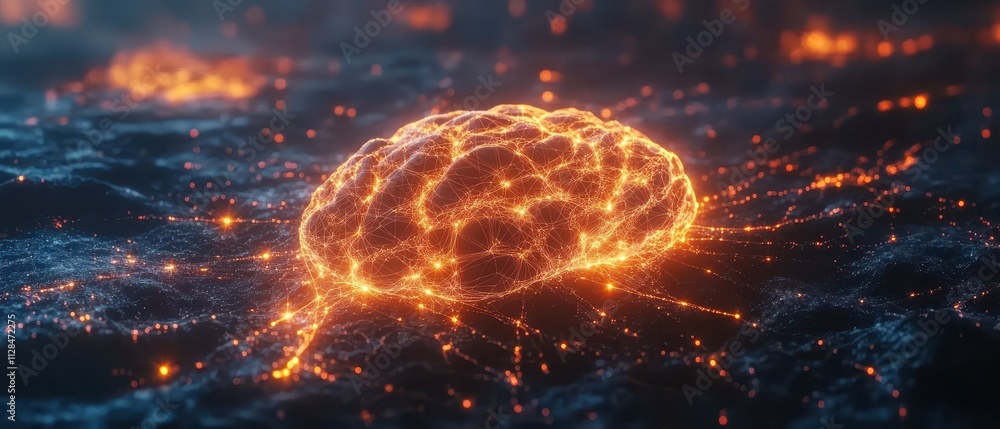 Technological brain made of glowing network lines, AI and neural network concept Technological brain made of glowing network lines, AI and neural network concept