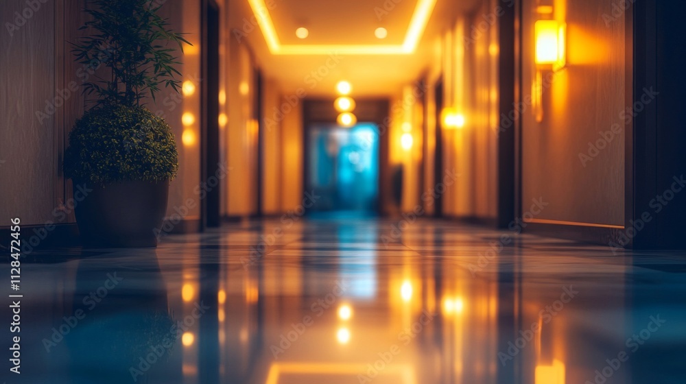 Illuminated Hotel Corridor with Plant in Pot Illuminated Hotel Corridor with Plant in Pot