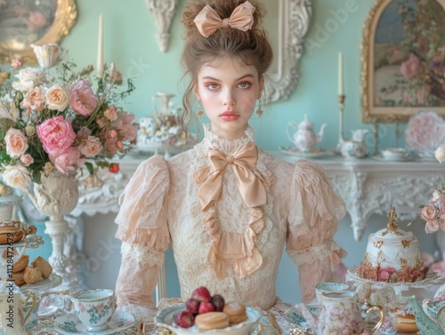 Woman in a pastel-colored tea party setting, wearing a frilly dress with bows, surrounded by vintage decor photo