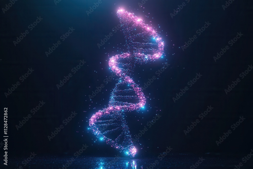 Obraz premium Glowing pink & blue DNA helix, particle effect. Illustrates genetics, biotechnology, science.