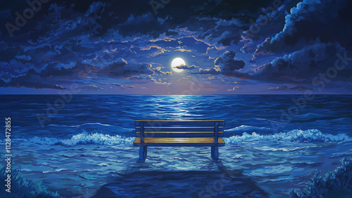 One bench is placed in the ocean. Illustrations that look like a scene from an anime or game background. Blue sky, sun, clouds, sunset, night, fog, snow, rain, autumn, etc. photo