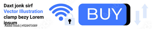 wireless signal, lock icon, and buy button. Ideal for e-commerce, online payment, security, retail, digital purchases, web design, user interface. Landing page
