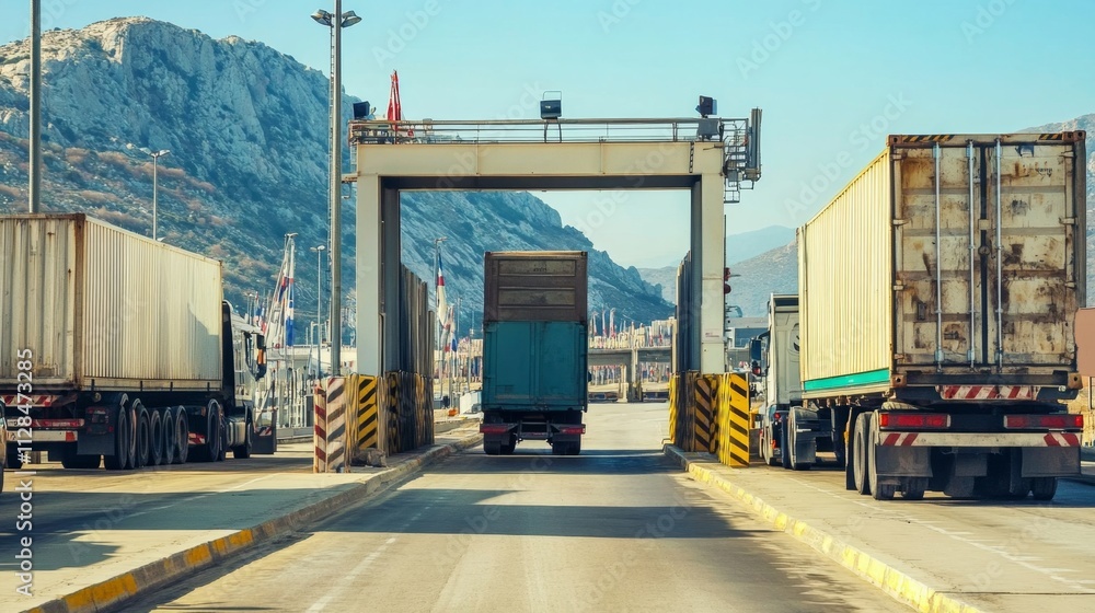 Naklejka premium Trucks Passing Through Customs Checkpoint at Border Inspection Area