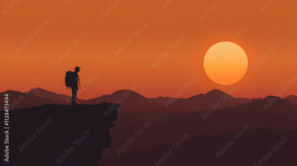 A silhouette of a person with a backpack standing on a cliff, gazing at distant mountains and a rising sun. Minimalist hiker at sunset. A silhouette of a person with a backpack standing on a cliff, gazing at distant mountains and a rising sun. Minimalist hiker at sunset.