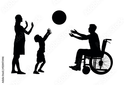 Father in wheelchair playing catch a ball with wife and son black silhouettes.