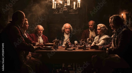 Historical reenactment of 18th century meeting lit by candlelight. Atmospheric scene with period-dressed figures gathered around table depicting colonial era gathering photo