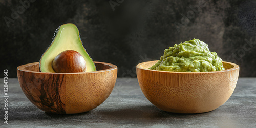 Avocado Halves and Guacamole in Wooden Bowls