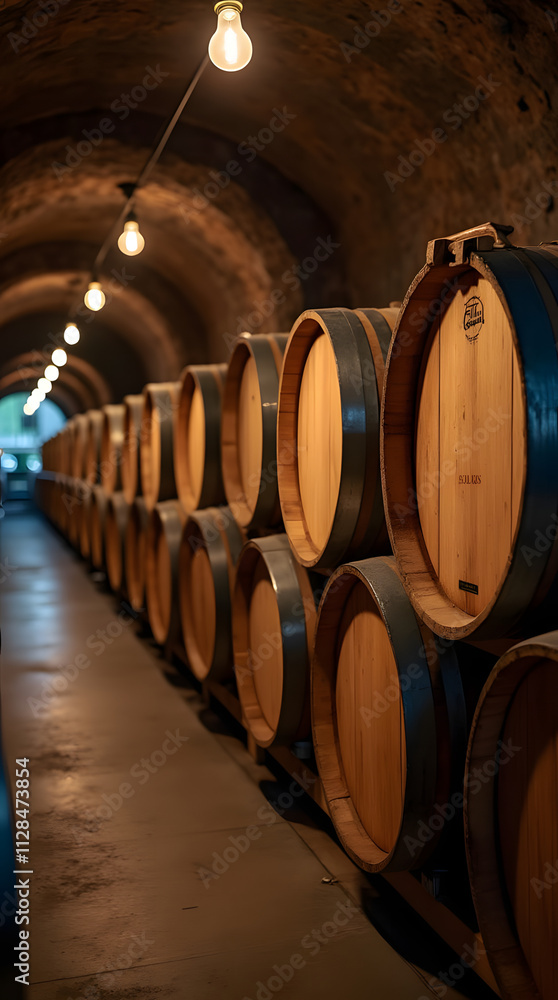 Oak barrels for wine or cognac storage, neatly stacked in a cool cellar of a distillery. Traditional production of craft beer or brandy. Winery and winemaking process. Wine aging in barrels. Ideal bac Oak barrels for wine or cognac storage, neatly stacked in a cool cellar of a distillery. Traditional production of craft beer or brandy. Winery and winemaking process. Wine aging in barrels. Ideal bac