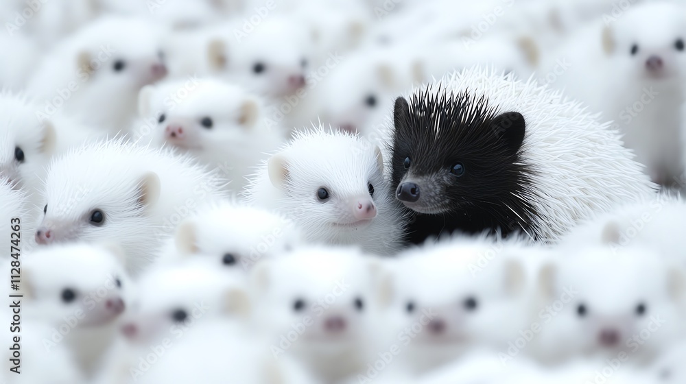 Fototapeta premium A stunning scene featuring a black hedgehog among a crowd of white hedgehogs in a serene environment.