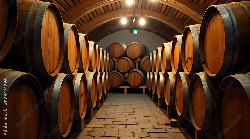 Oak barrels for wine or cognac storage, neatly stacked in a cool cellar of a distillery. Traditional production of craft beer or brandy. Winery and winemaking process. Wine aging in barrels. Ideal bac Oak barrels for wine or cognac storage, neatly stacked in a cool cellar of a distillery. Traditional production of craft beer or brandy. Winery and winemaking process. Wine aging in barrels. Ideal bac