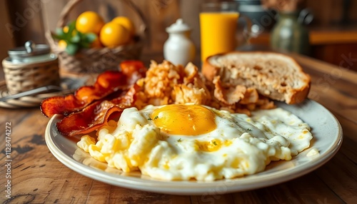 fried eggs with bacon and vegetables