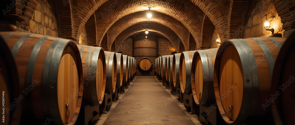 Oak barrels for wine or cognac storage, neatly stacked in a cool cellar of a distillery. Traditional production of craft beer or brandy. Winery and winemaking process. Wine aging in barrels. Ideal bac Oak barrels for wine or cognac storage, neatly stacked in a cool cellar of a distillery. Traditional production of craft beer or brandy. Winery and winemaking process. Wine aging in barrels. Ideal bac