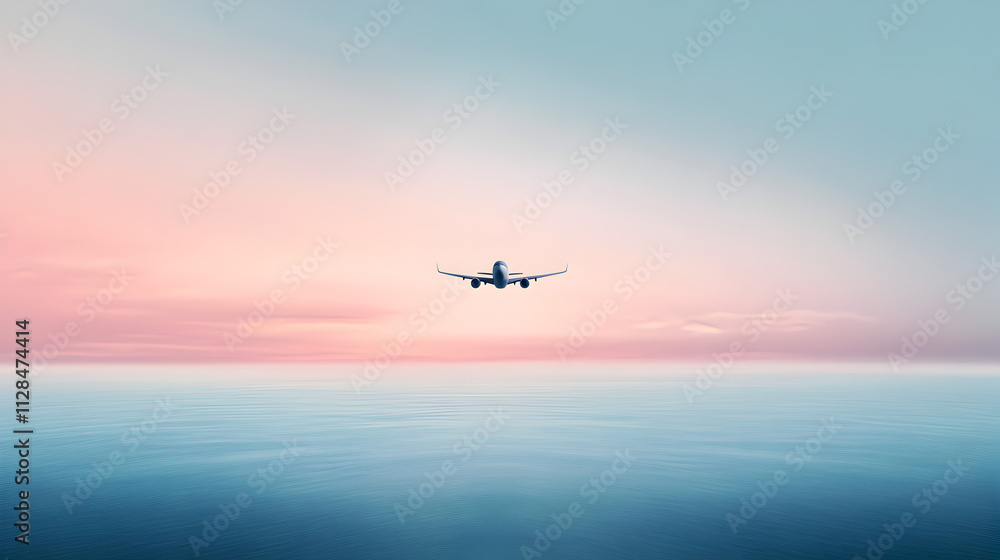 An illustration of a single plane flying above a smooth ocean, with abstract clouds and soft pastel skies. Minimalist plane flying above ocean. An illustration of a single plane flying above a smooth ocean, with abstract clouds and soft pastel skies. Minimalist plane flying above ocean.