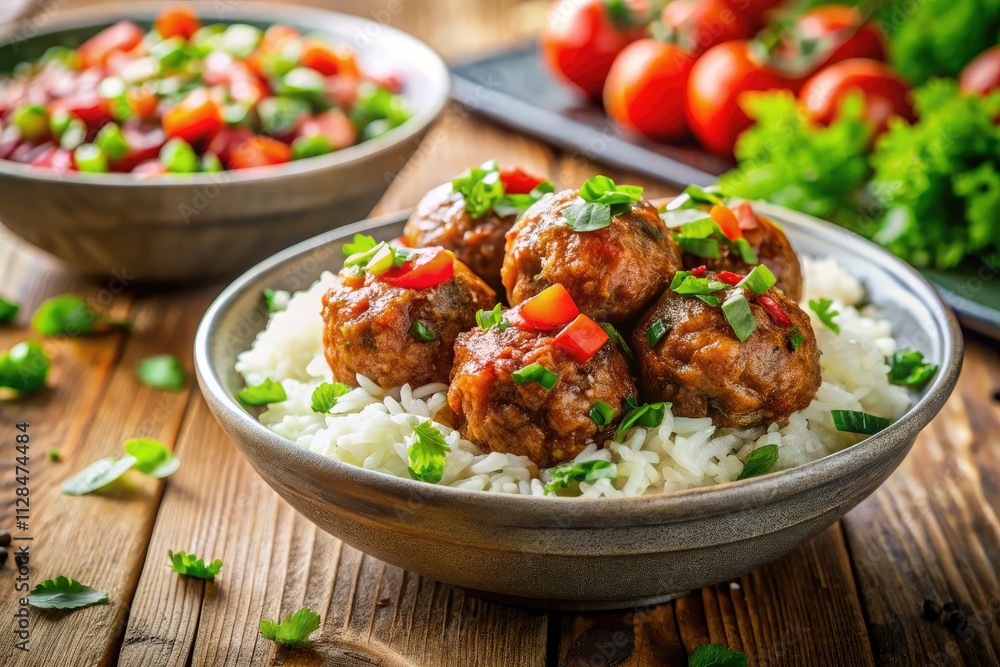 Savory lean meatballs over fluffy rice, topped with vibrant salsa. A healthy and delicious meal. Savory lean meatballs over fluffy rice, topped with vibrant salsa. A healthy and delicious meal.