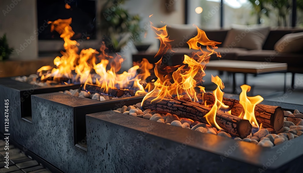 Obraz premium Modern fireplace in elegant setting with bright flames, perfect for cozy home design