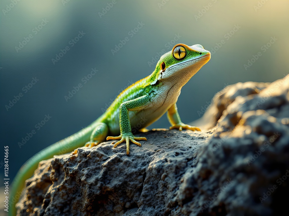 Fototapeta premium Green gecko perched on sunlit rock 