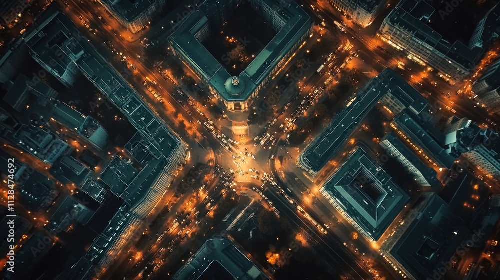 Obraz premium Aerial view of a bustling city intersection illuminated at night.