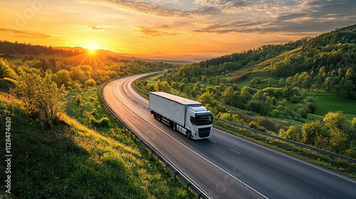 White semi truck driving on scenic highway at golden sunset with dramatic mountain landscape. Beautiful transportation image showing logistics journey through winding road and lush green valley © Ruslan Gilmanshin