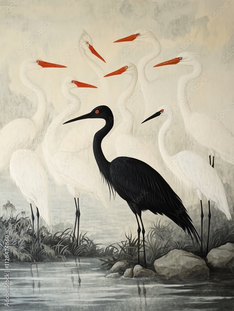 Fototapeta premium A stunning depiction of a black heron among white cranes in a serene water landscape.