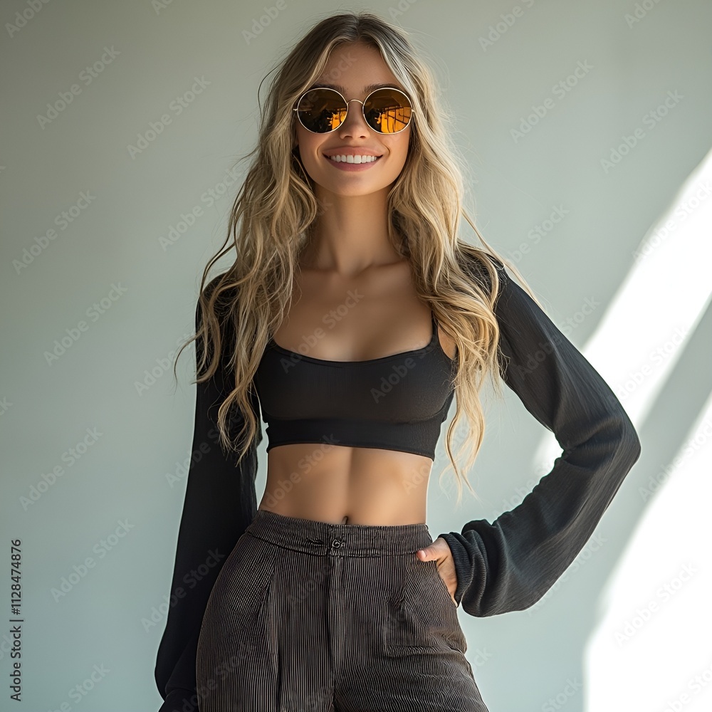 Front view of an extremely beautiful young white woman dressed in a long-sleeve crop top and wide-leg pants smiling, isolated on a white transparent background Front view of an extremely beautiful young white woman dressed in a long-sleeve crop top and wide-leg pants smiling, isolated on a white transparent background