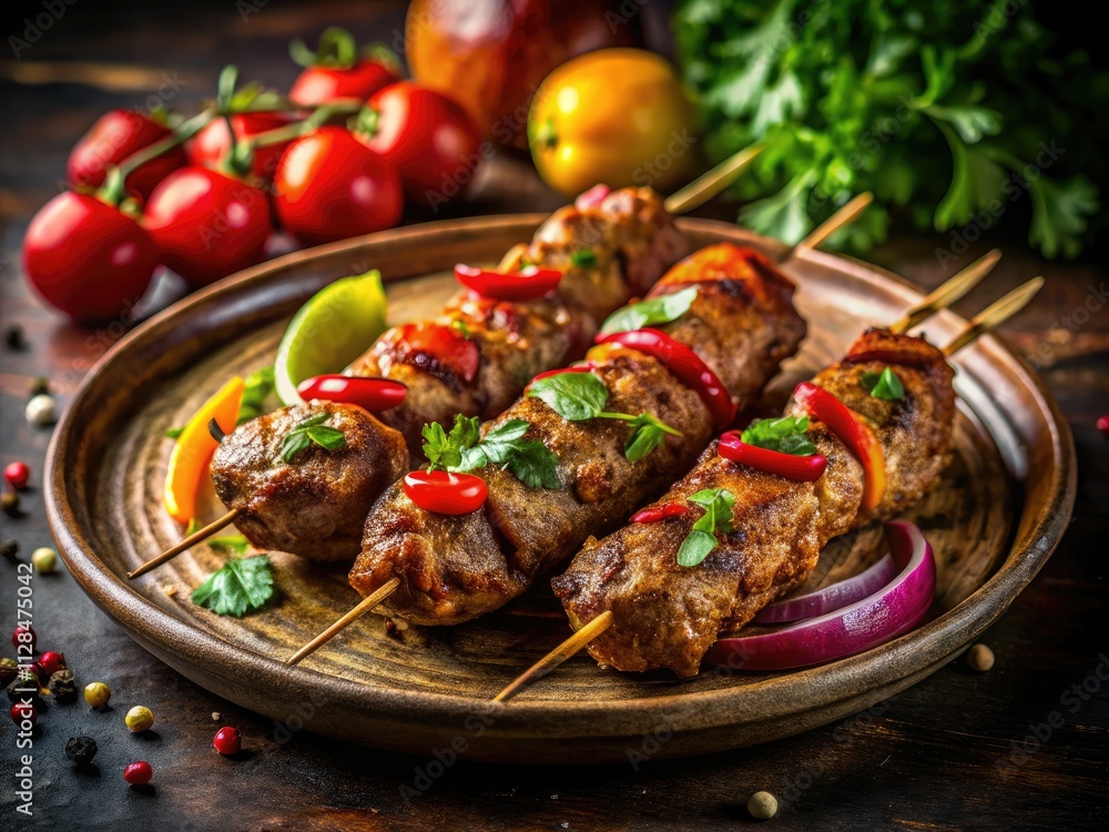 Sizzling Lula kebabs, a Middle Eastern feast. Low-light photography captures the grilled perfection. Sizzling Lula kebabs, a Middle Eastern feast. Low-light photography captures the grilled perfection.