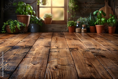 Rustic Wooden Floor and Potted Plants in Sunlit Room Cozy Nature-Inspired Interior Design