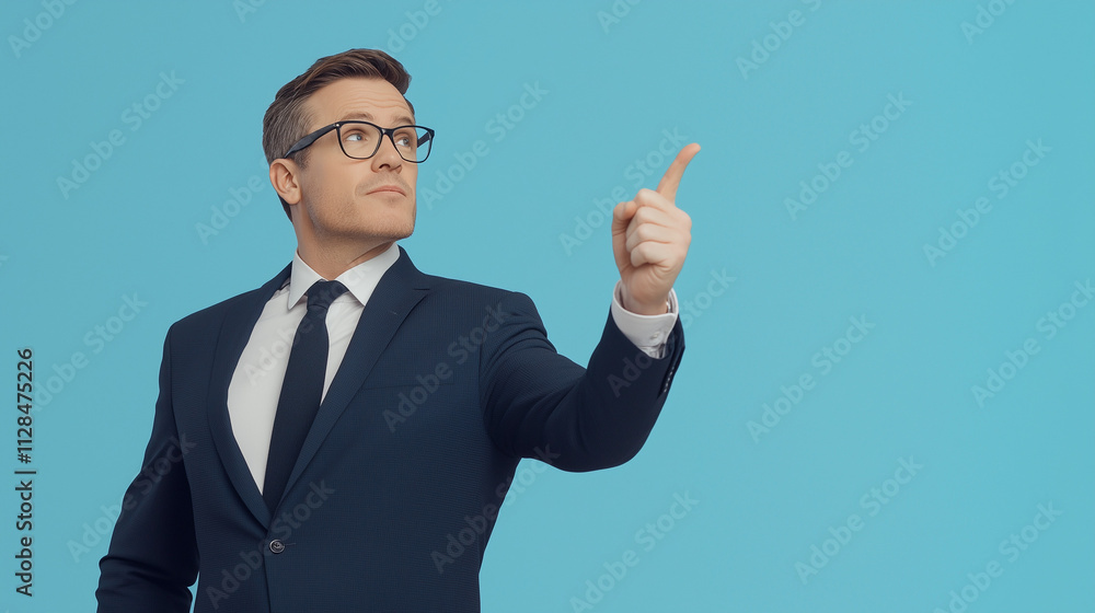 Strategic Vision: Confident businessman in suit pointing upwards, showcasing leadership and innovative thinking against a vibrant blue background. Strategic Vision: Confident businessman in suit pointing upwards, showcasing leadership and innovative thinking against a vibrant blue background.