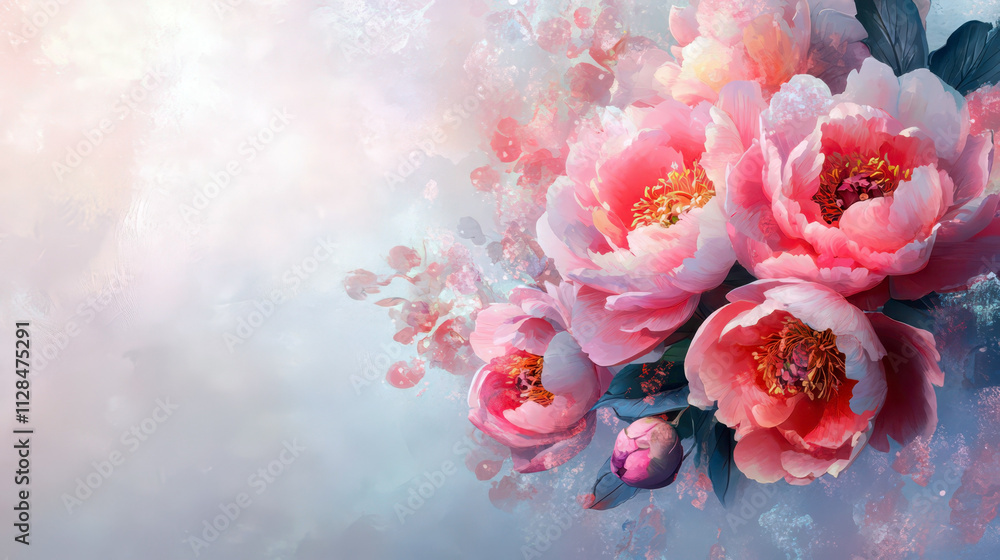 Elegant bouquet of peonies for birthdays, weddings, and valentine celebrations. Horizontal banner. Copy space. Mother Day. Womens Day. Watercolor illustration with pink flowers Elegant bouquet of peonies for birthdays, weddings, and valentine celebrations. Horizontal banner. Copy space. Mother Day. Womens Day. Watercolor illustration with pink flowers