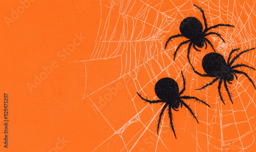 Intricate Spider Silhouettes on Vibrant Orange Background: A Halloween-Themed Visual Delight with Entwined Web Patterns photo