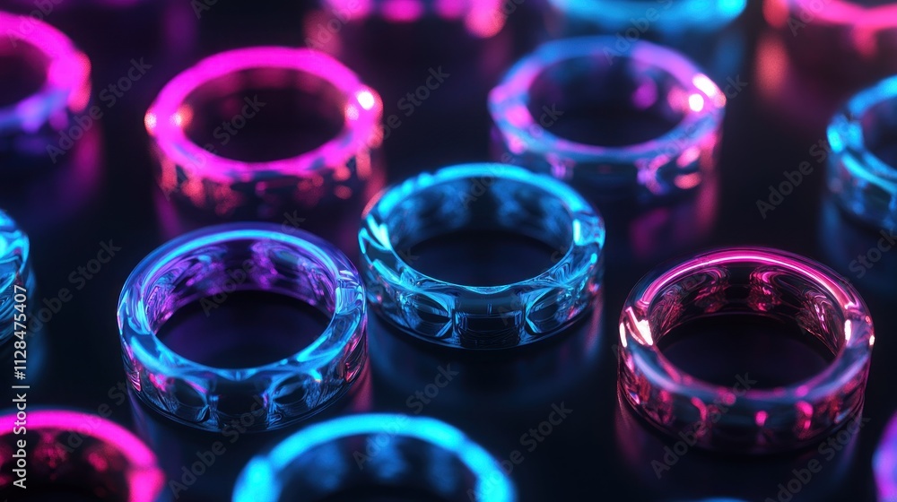 A close-up of colorful, illuminated rings arranged artistically on a dark surface. A close-up of colorful, illuminated rings arranged artistically on a dark surface.