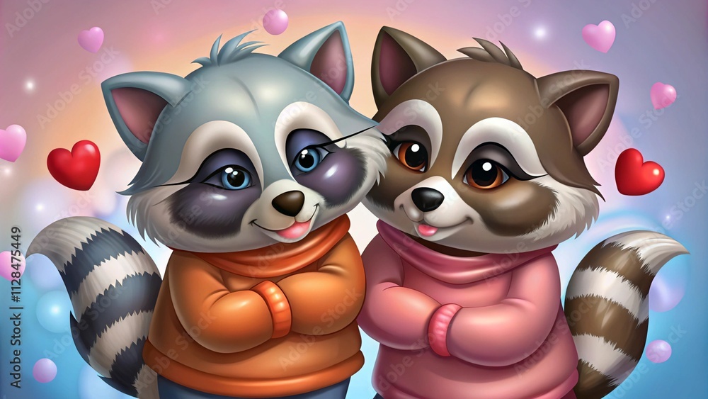 Fototapeta premium Adorable raccoon duo wearing cozy red scarves, captured with warm bokeh lights in the background. The charming animals create a heartwarming and festive atmosphere, ideal for seasonal or wildlife them