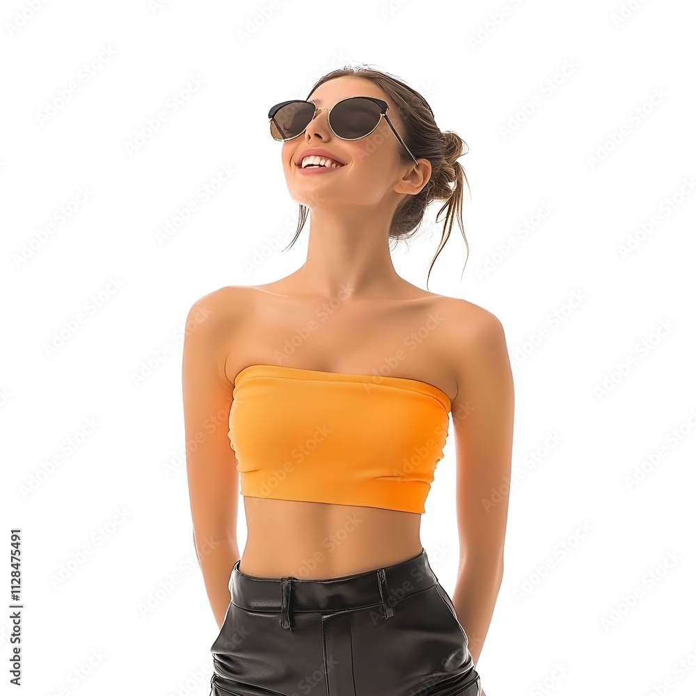 Front view of an extremely beautiful young white woman dressed in a tube top and leather pants smiling, isolated on a white transparent background Front view of an extremely beautiful young white woman dressed in a tube top and leather pants smiling, isolated on a white transparent background