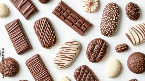 Assorted gourmet chocolate candies in various shapes and patterns arranged on a white background, AI