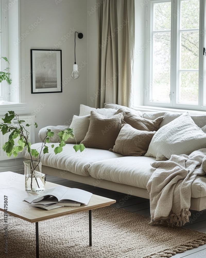 Fototapeta premium Serene Living Room Interior Design with Neutral Tones and Natural Light