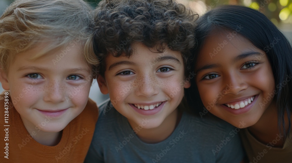 Closeup of three young kids, a white boy with a beaming smile and curly hair, a Black girl with a bright expression and short hair Closeup of three young kids, a white boy with a beaming smile and curly hair, a Black girl with a bright expression and short hair