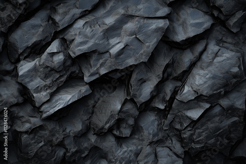 A close up of a rock wall with a dark grey color. The texture of the rock is rough and jagged