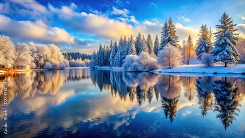 Serene winter scene: snow-covered trees mirrored in a still, frozen lake.