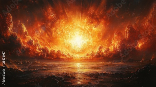 in the beginning god created the heavens and the earth genesis 1 1 fiery explosion on a dark background photo