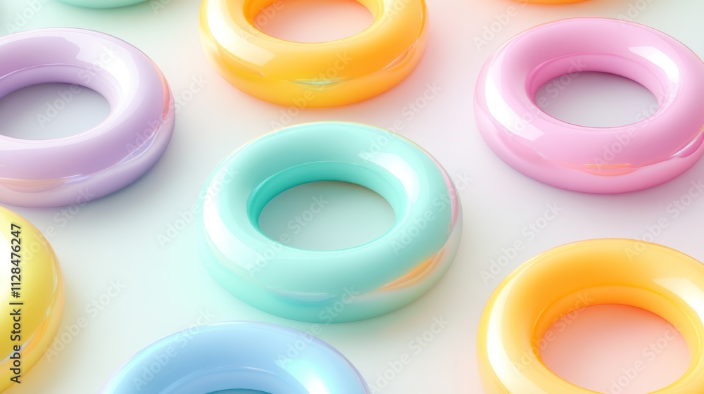 Colorful, glossy rings arranged in a playful pattern on a light surface. Colorful, glossy rings arranged in a playful pattern on a light surface.