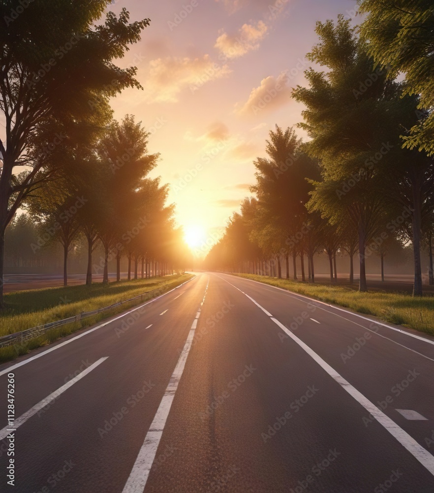 Scenic view of a wide race track lined with trees at sunset, nature, dark, long Scenic view of a wide race track lined with trees at sunset, nature, dark, long