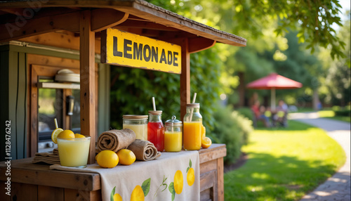 wallpapers A charming lemonade stand with fresh lemons and drinks in glass jars. It's set in a beautiful park, surrounded by greenery and leisure activities. AI generated.