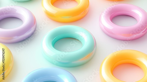 Colorful, glossy rings arranged in a playful pattern on a light surface.