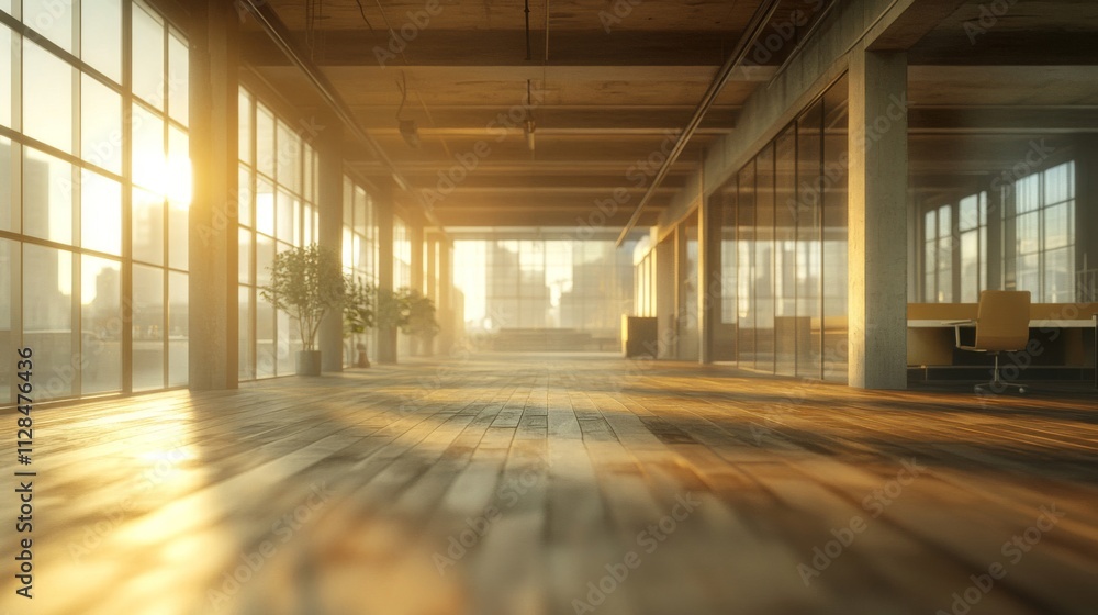 Sunlit Modern Office Space With Wooden Floor And Large Windows Sunlit Modern Office Space With Wooden Floor And Large Windows