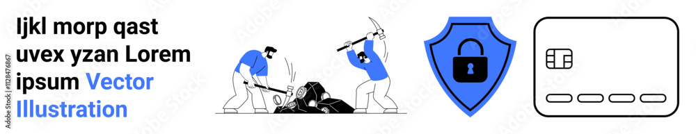 Two figures using pickaxes to mine resources. Adjacent are a cyber security shield icon and a credit card chip. Ideal for finance, cybersecurity, mining industry, digital security, data protection Two figures using pickaxes to mine resources. Adjacent are a cyber security shield icon and a credit card chip. Ideal for finance, cybersecurity, mining industry, digital security, data protection