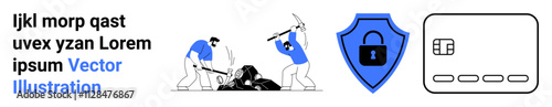 Two figures using pickaxes to mine resources. Adjacent are a cyber security shield icon and a credit card chip. Ideal for finance, cybersecurity, mining industry, digital security, data protection