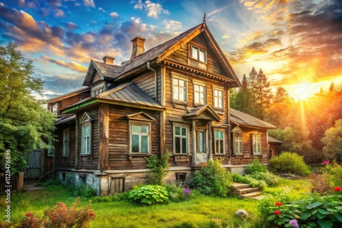 Vintage House Photography: Grand Wooden Mansion with Numerous Windows - Stock Photo